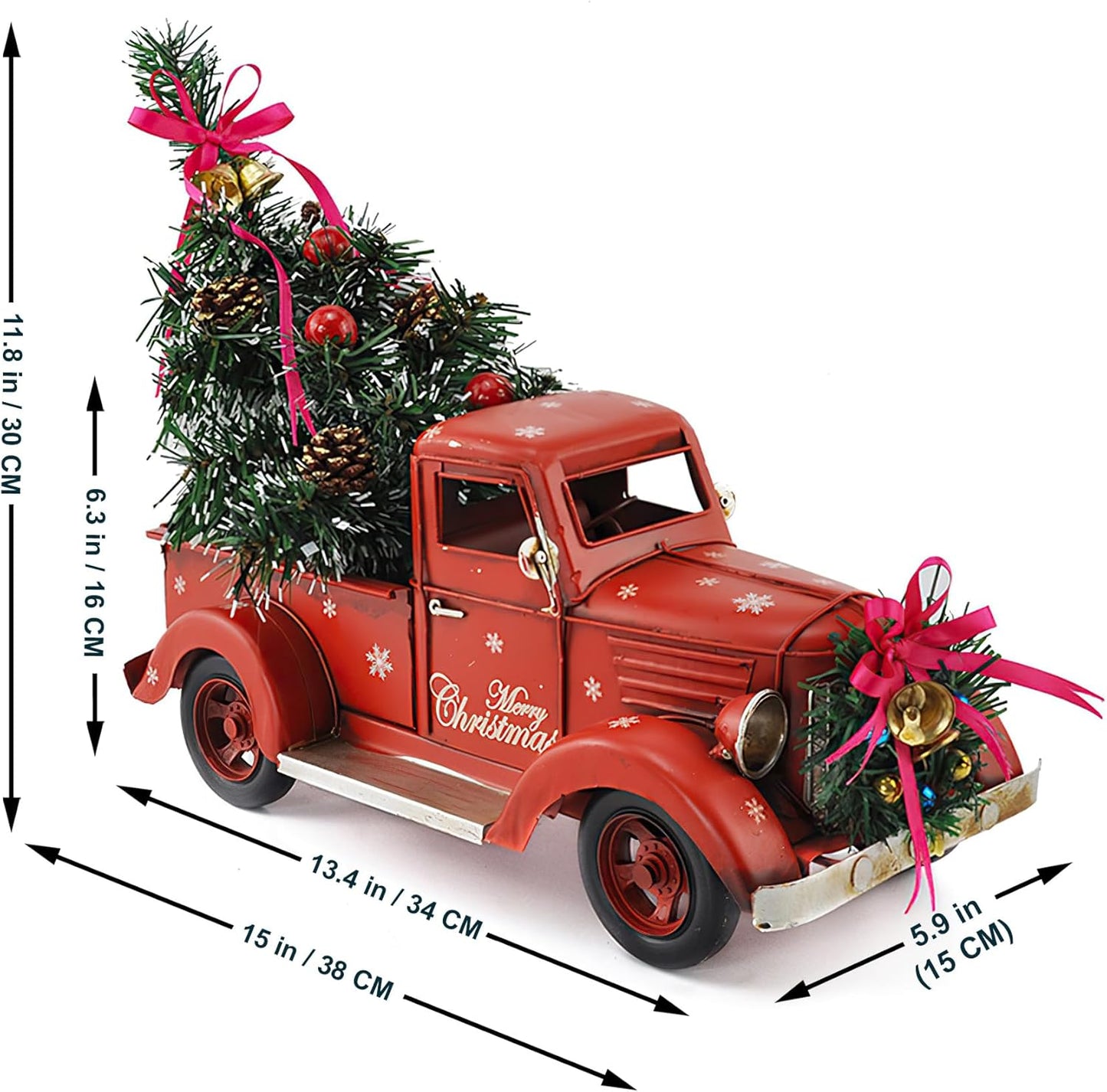 Red Metal Truck Model with Christmas Tree Ornaments, Bell, and String Light - Table Top Xmas Decor and Fireplace Collectible Vehicle