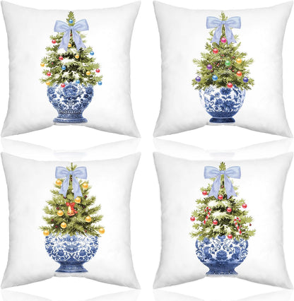 Chinoiserie Blue Christmas Tree Throw Pillow Covers - Set of 4