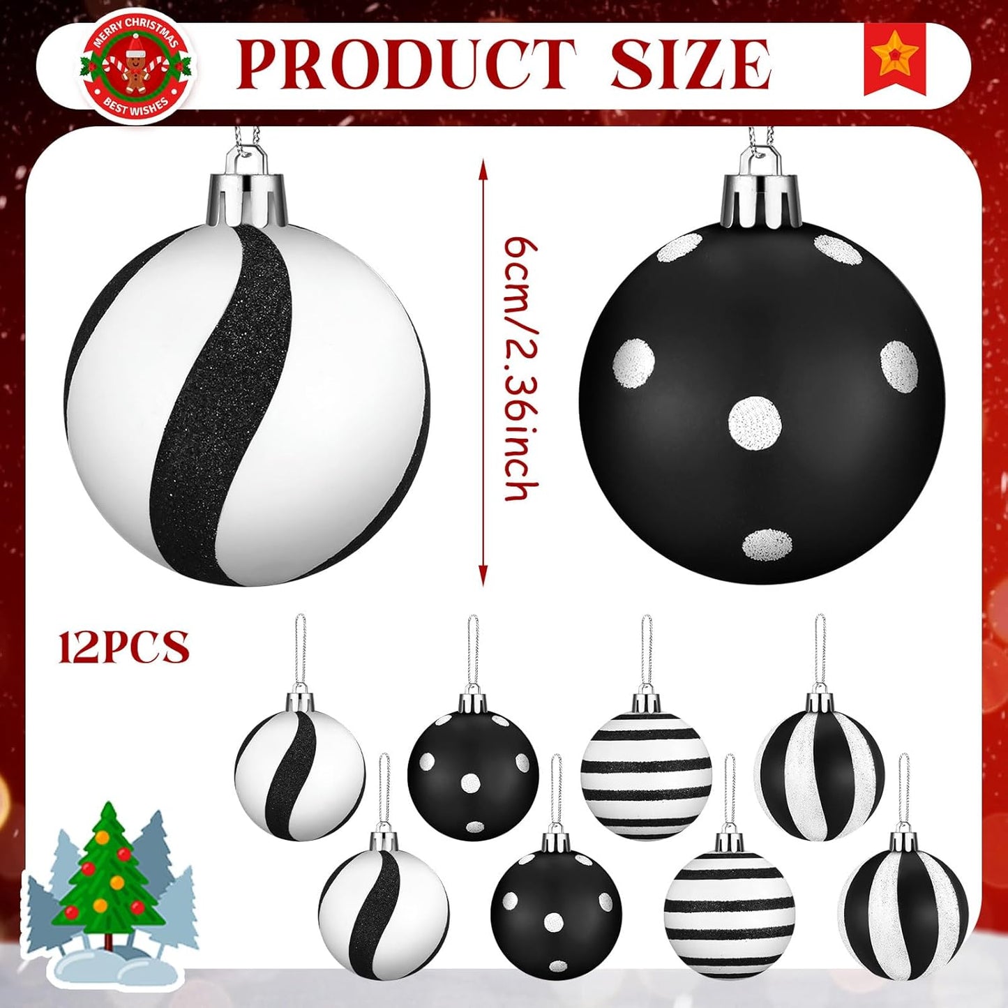 Black and White Christmas Ball Ornaments - Fresh Style, Set of 12