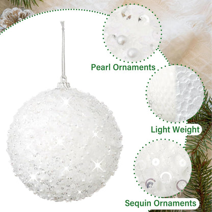 White Glitter Sequin Foam Ball Ornaments - Pack of 12