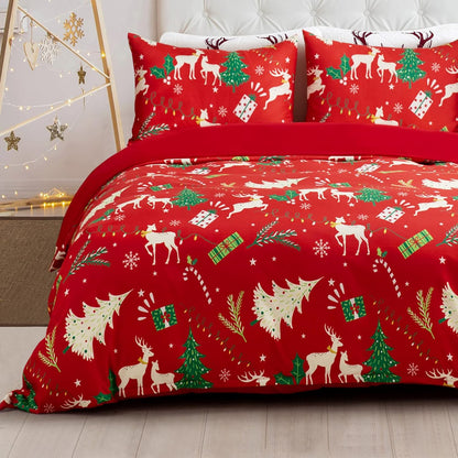 Xmas Tree Reindeer Queen Duvet Cover Set - Festive Bedroom Decor - Lightweight Comforter Cover - 3 Pieces