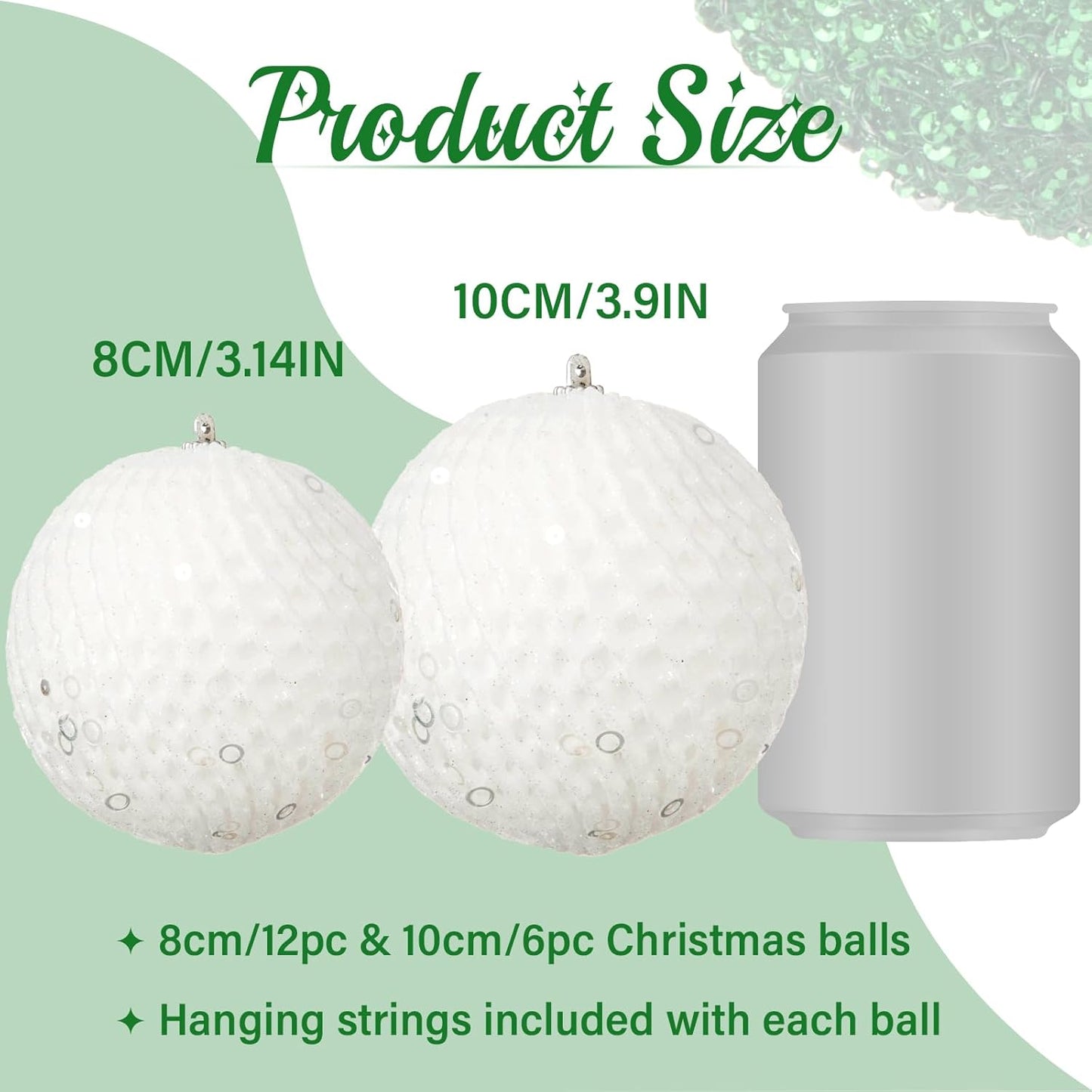 White Glitter Sequin Foam Ball Ornaments - Pack of 12