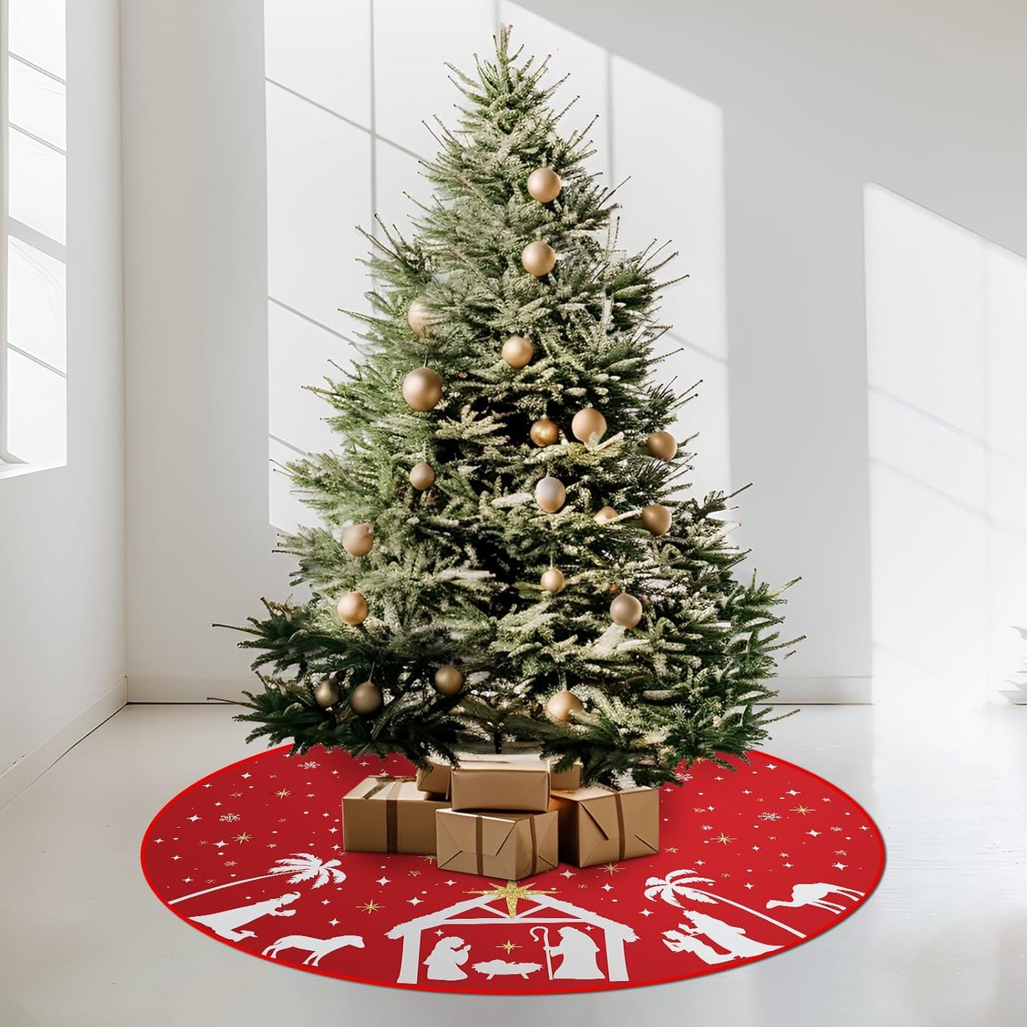 Red Nativity Christmas Tree Skirt - 48 Inch