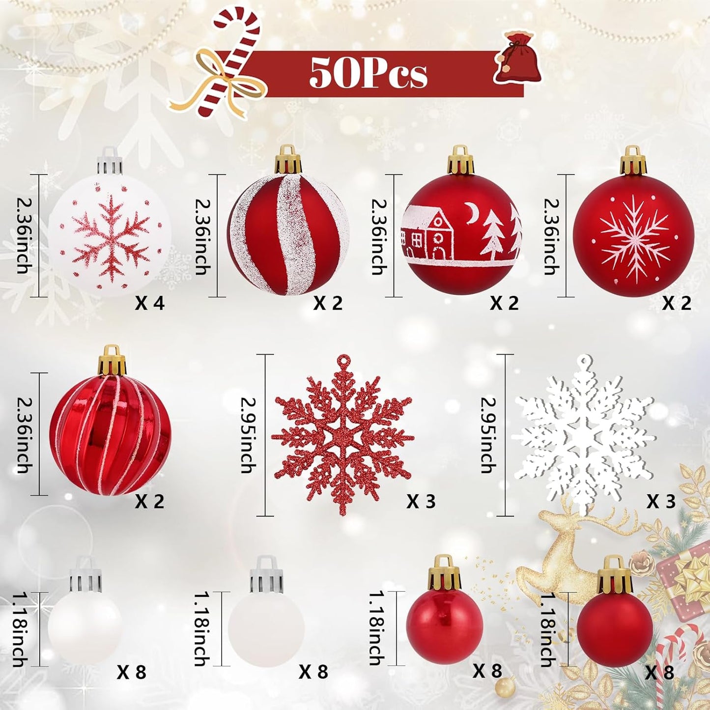 Red & White Christmas Ball Ornaments Set - 50pcs for Xmas Tree, Holiday Party, Wedding, Home Decor