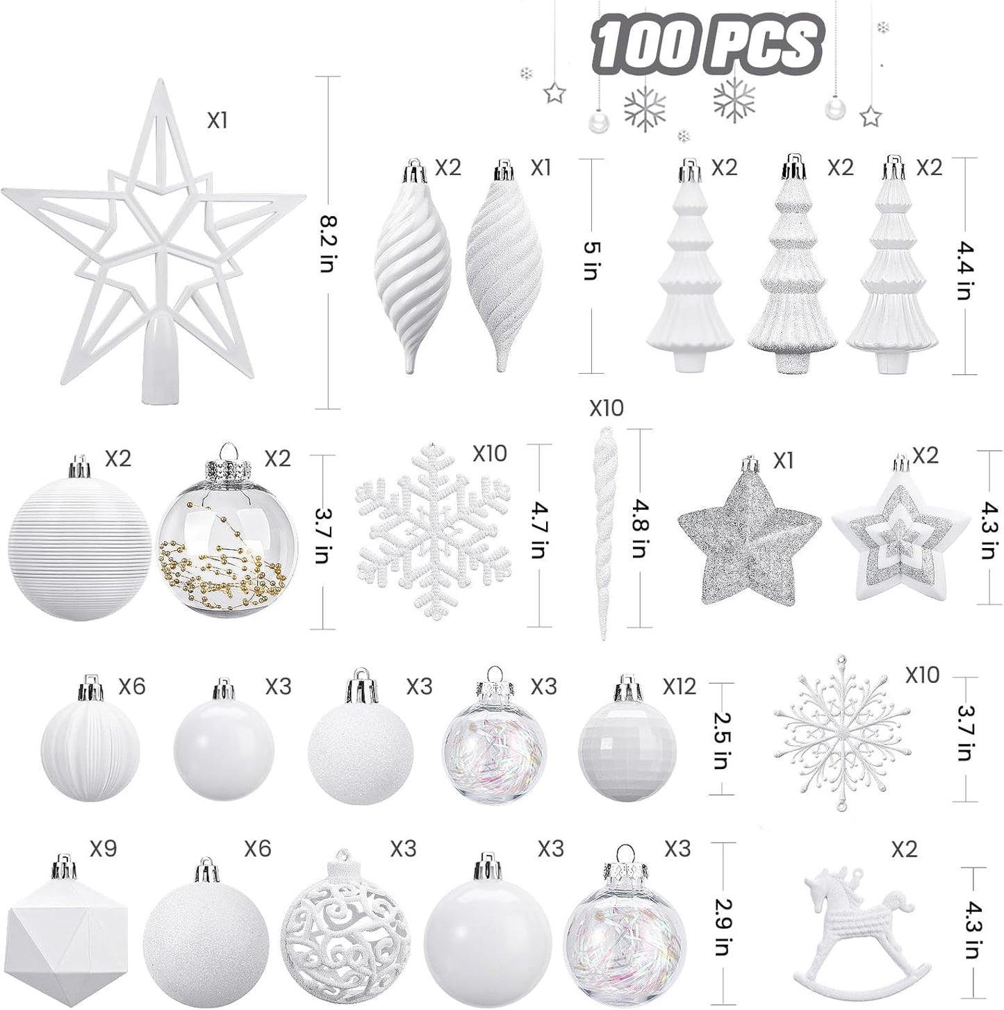 Christmas Tree Decorations Ornaments Set - White (100pcs)