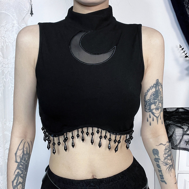 Goth See Lace Sleeveless Vintage Top Through Moon Crop Sexy