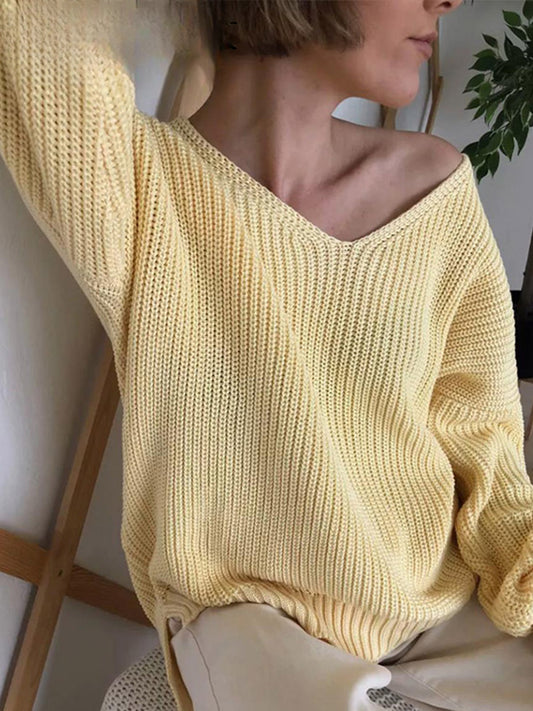 Casual Knitted Women Solid V-neck Long Sleeve Pullover 2024 Autumn Winter Soft Match All Sweater