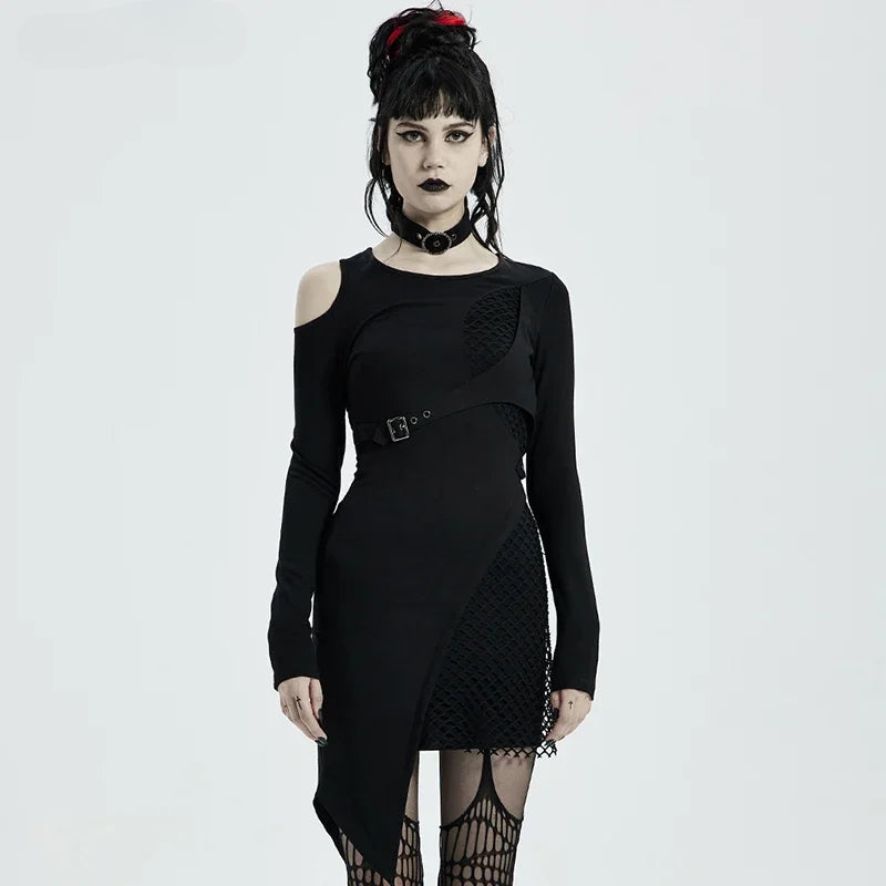 Handsome Hollow Shoulder Fashion Cool Button Removable Collar Black Sexy Short Gothic Dress