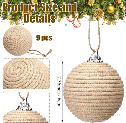 Boho Farmhouse Jute Rope Christmas Ball Ornaments - Set of 9