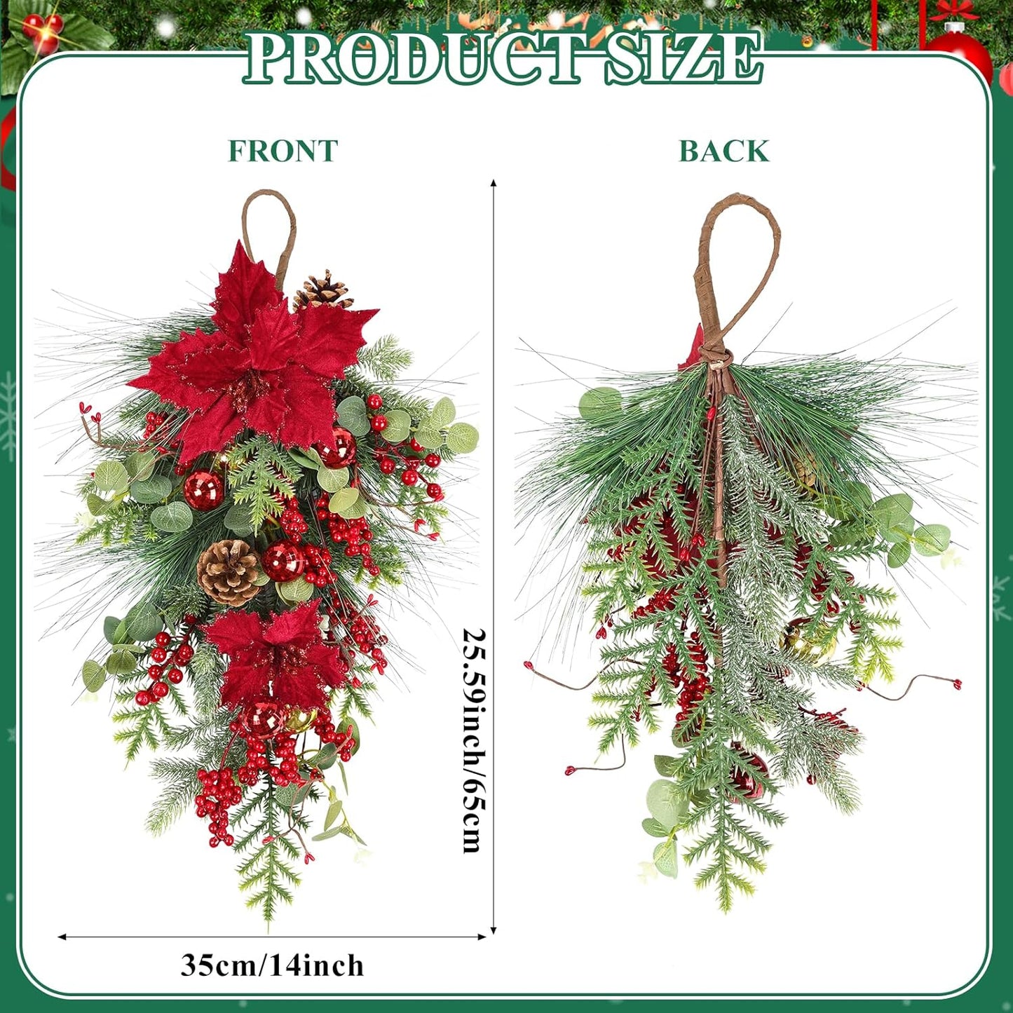 Set of 2 Christmas Teardrop Swags with Red Berries, Poinsettia