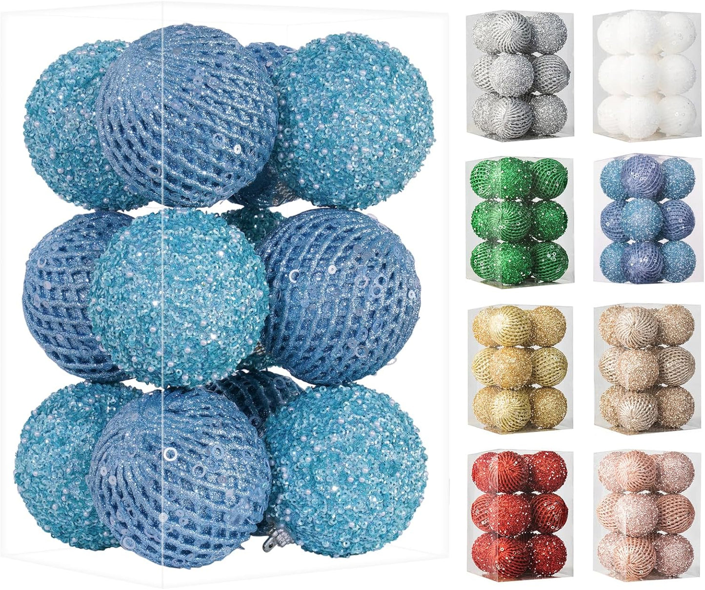 White Glitter Sequin Foam Ball Ornaments - Pack of 12