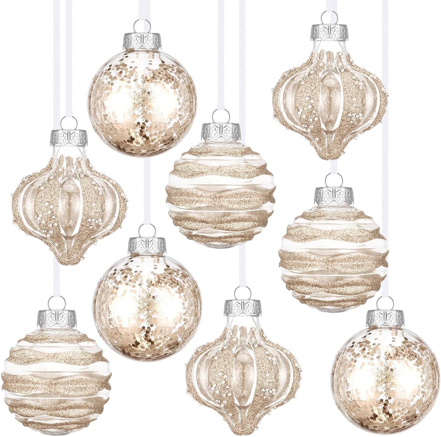 Clear Shatterproof Christmas Ball Ornaments - Set of 9 - Champagne Color