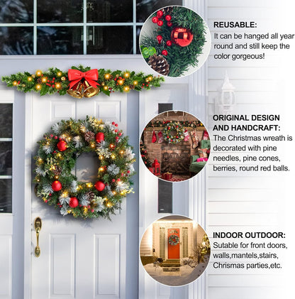 Pre-Lit Christmas Wreath with Pine Cones, Berries, and Ornaments - Indoor/Outdoor Decor (20 in)