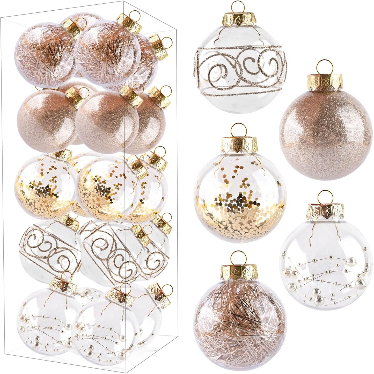 Shatterproof Clear Plastic Christmas Ball Ornaments - Champagne Gold (20 Pcs)