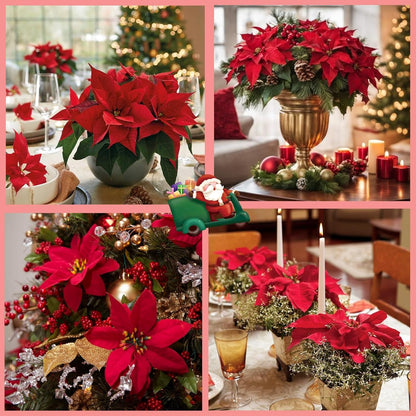 Velvet Red Poinsettia Artificial Christmas Flowers - 8 Pack for Tree Decoration