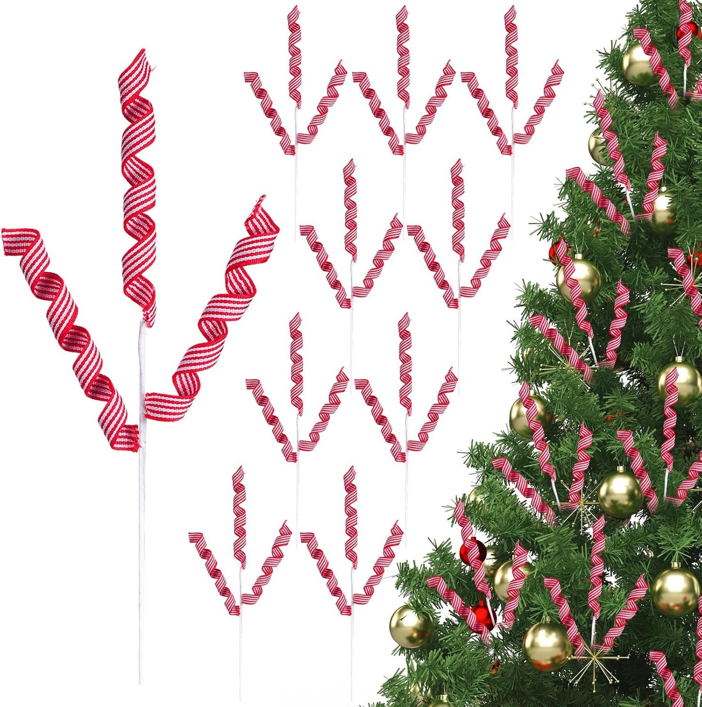 Christmas Tree Curly Picks Ornaments - Fabric Holiday Xmas Decorative Sprays - Green/Red Edge (16 Pcs)