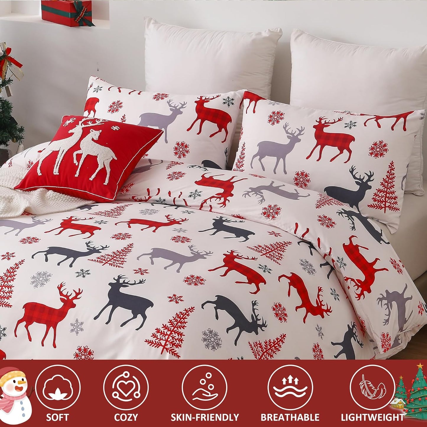 Reindeer Snowflakes King Size Duvet Cover Set - 3 Piece