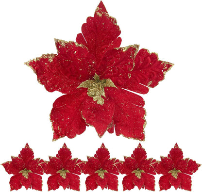 Glittery Christmas Poinsettia Flowers - Set of 6 - Green