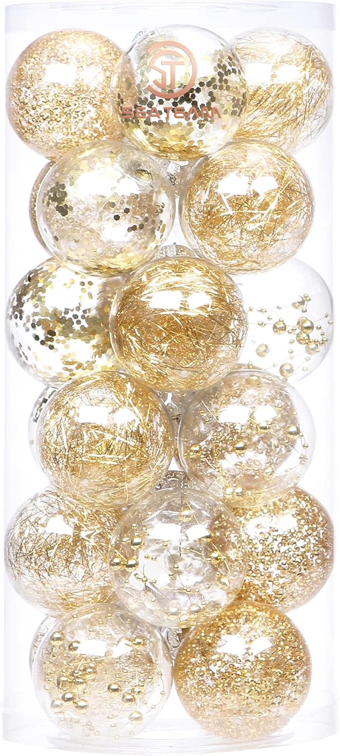 24 Count Shatterproof Clear Plastic Christmas Ball Ornaments with Gold Decorations