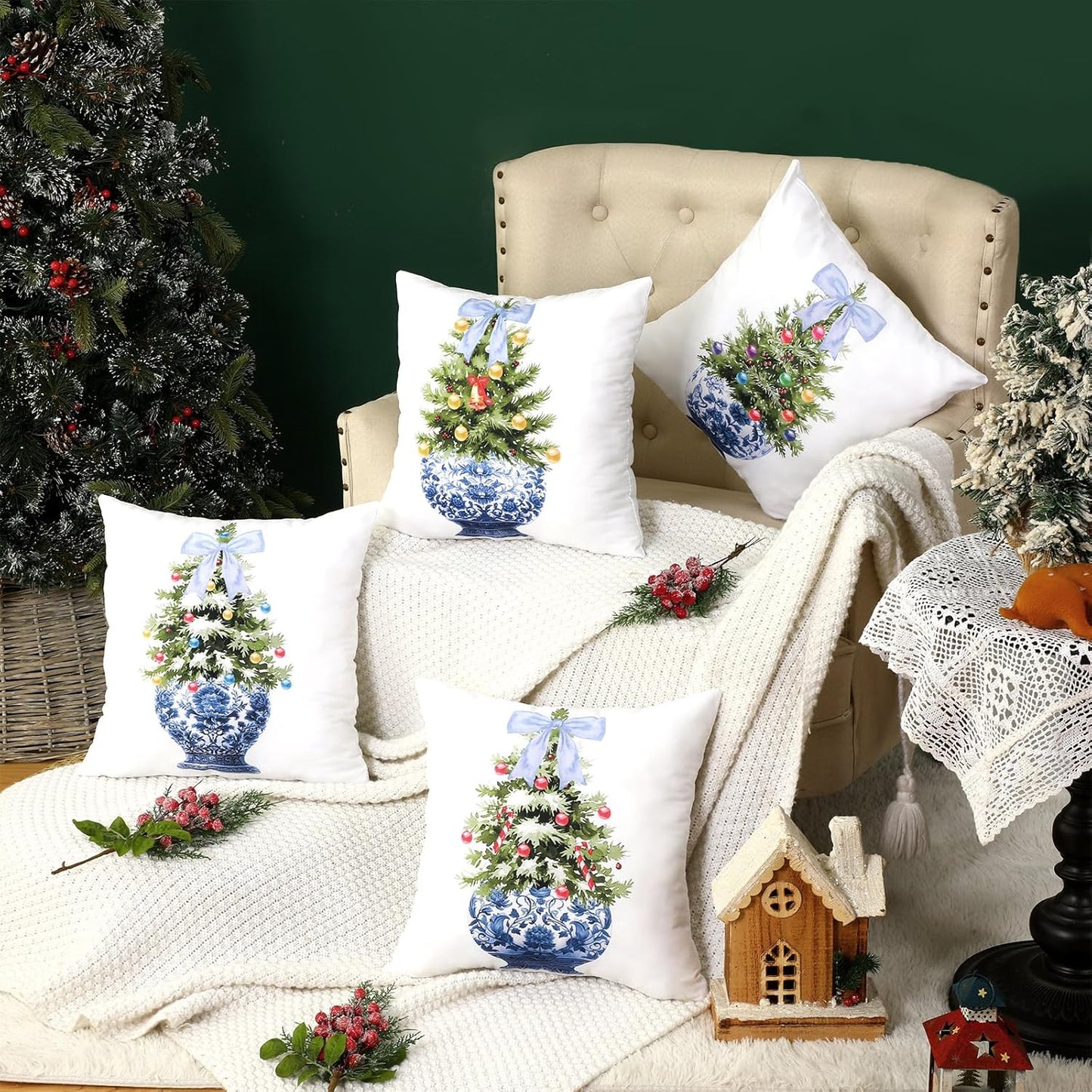 Chinoiserie Blue Christmas Tree Throw Pillow Covers - Set of 4