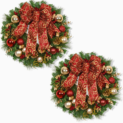 Christmas Wreath with Red Bow and Christmas Ball Decorations - Front Door and Home Wall Windows