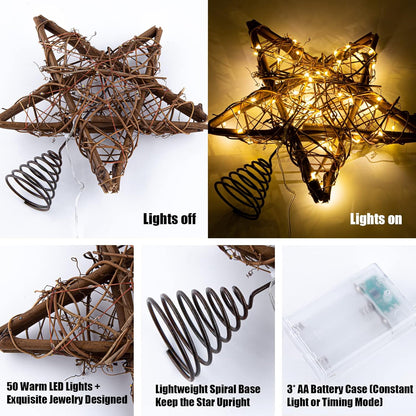 Rattan Star Christmas Tree Topper with Warm LED Lights - Indoor Christmas Decor