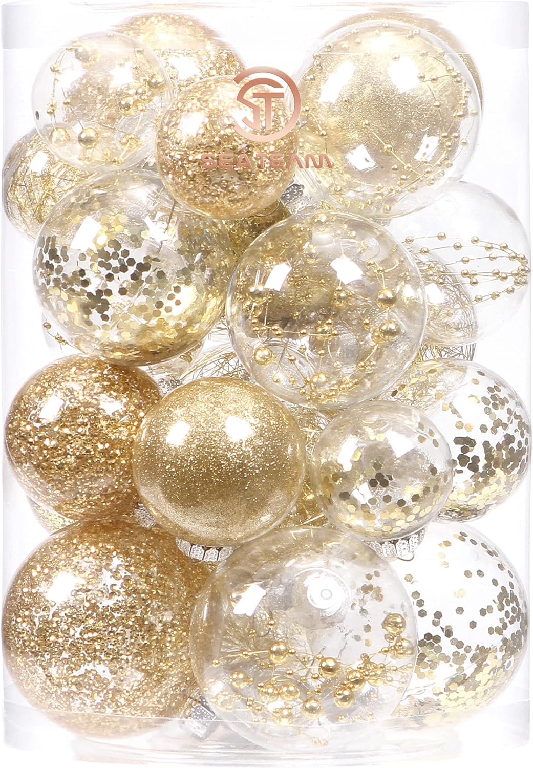 24 Count Shatterproof Clear Plastic Christmas Ball Ornaments with Gold Decorations