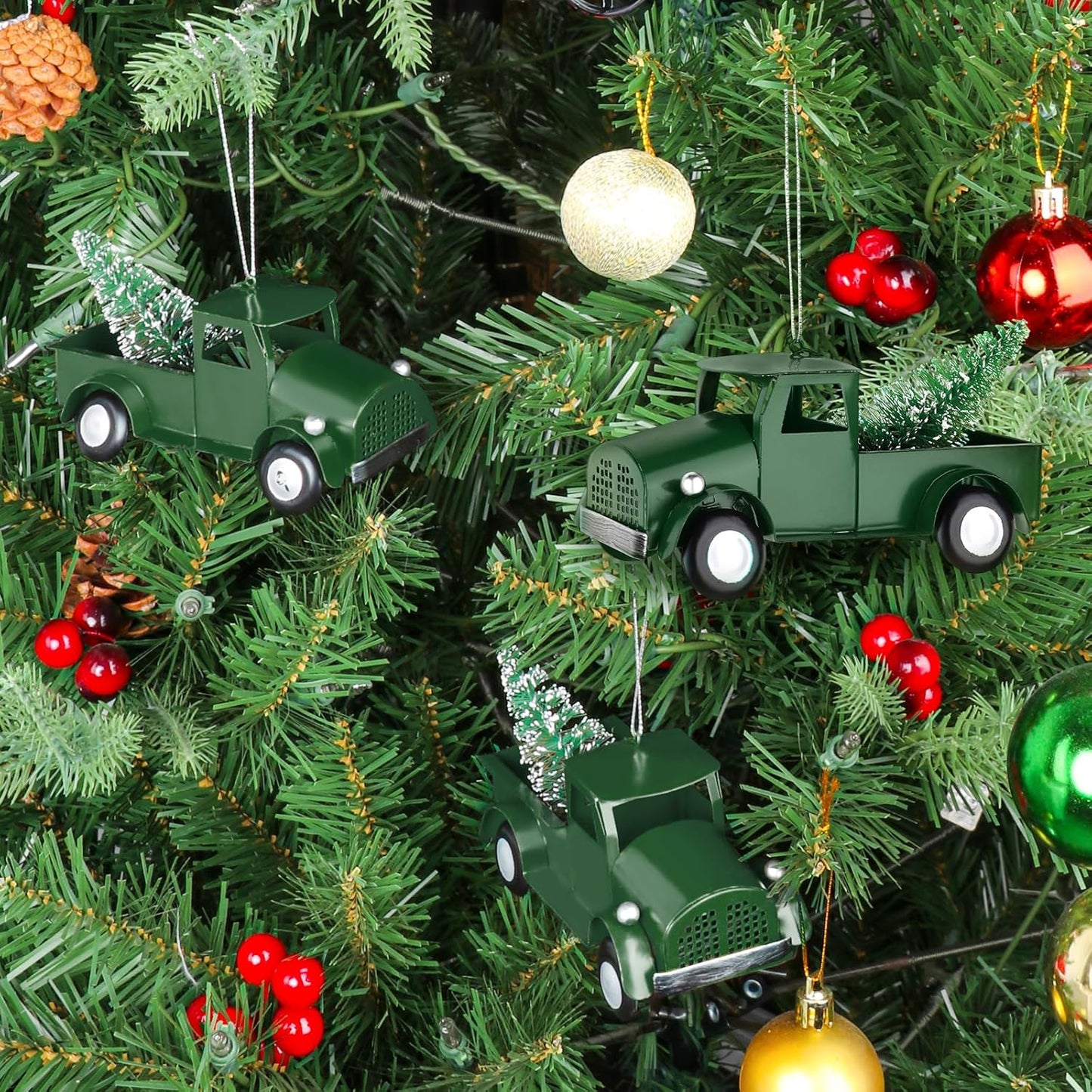 Metal Pickup Truck Christmas Tree Ornaments - Set of 3