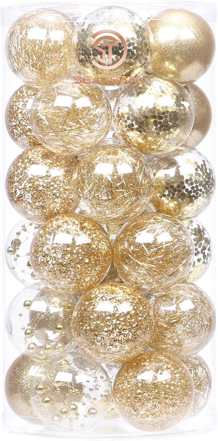 24 Count Shatterproof Clear Plastic Christmas Ball Ornaments with Gold Decorations