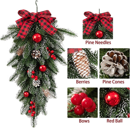 Christmas Teardrop Swags with Bowknot, Red Berries, Pinecone