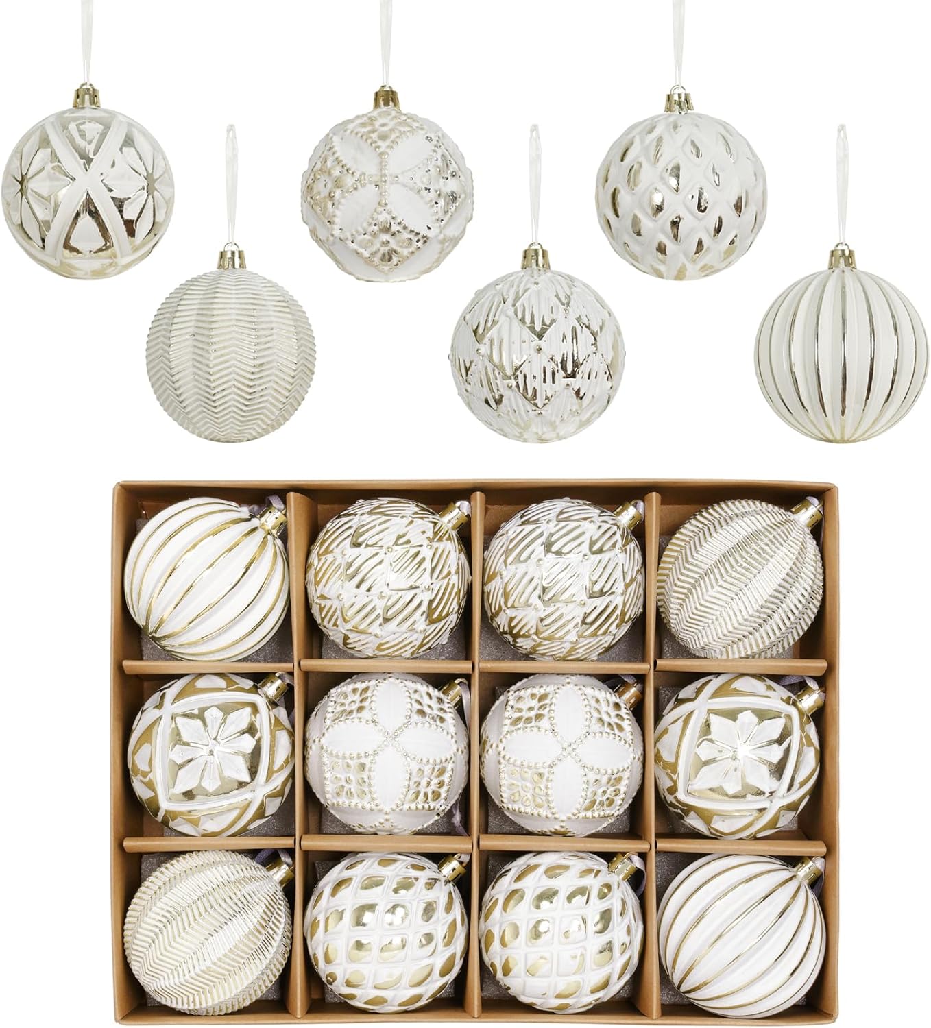 Rustic Christmas Ball Ornaments Set - Farmhouse Distressed Tree Decorations - Shatterproof Antique Style Xmas Hanging Ornaments - White Gold (12Pcs)