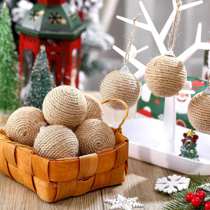 Boho Farmhouse Jute Rope Christmas Ball Ornaments - Set of 9