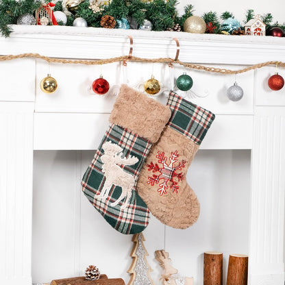 6 Pack Christmas Stocking - Red Green Plush Plaid Mix and Match Classic Rustic Farmhouse Country Cotton Fireplace Hanging Xmas Stockings for Family Holiday Season Decor