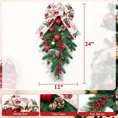 Artificial Christmas Swags with Berries, Pinecones, Winter Pine and Cypress Leaf - 24" Teardrop Decorative Swag for Indoor Outdoor Holiday Decor (2-Pack)