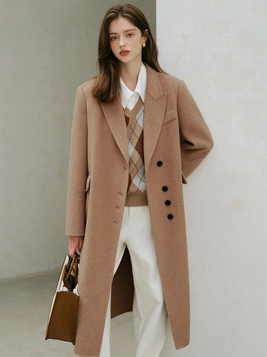 Wool Camel Color Front Shoulder Single Breasted Office Lady Long Winter Coat