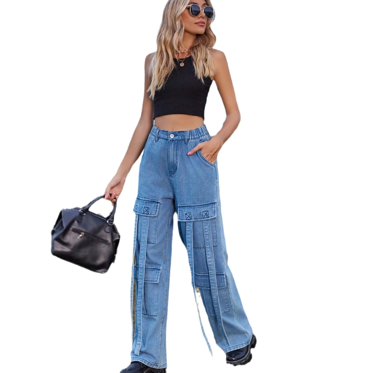 Amy Fashion - 90s Streetwear Blue Cargo Casual Big Pockets Overalls High Waist Straight Denim Jean