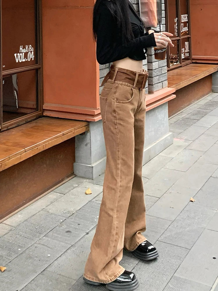 Vintage Brown Flared Autumn High Waist Loose Slim Mopping Jeans