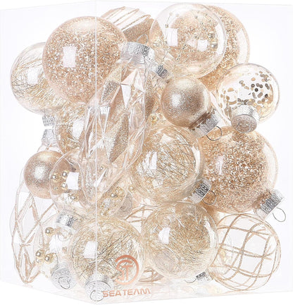 24 Count Shatterproof Clear Plastic Christmas Ball Ornaments with Gold Decorations