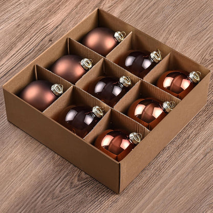 Set of 9 Brown Glass Christmas Ball Ornaments with Various Finishes