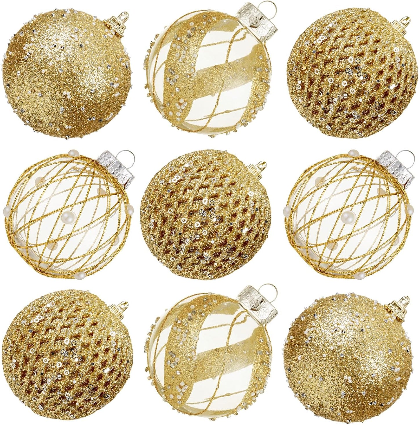 Large Shatterproof Foam Christmas Ball Ornaments - Clear Plastic Glitter Hanging Balls for Xmas Holiday Party Home Decor (Champagne) - Set of 9