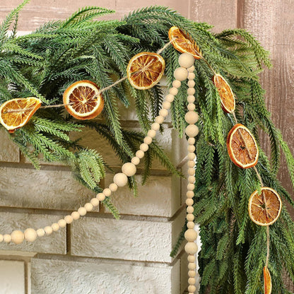 Christmas Garland Set - Norfolk Pine, Dried Orange Slice, Wooden Bead Decoration for Mantel or Fireplace