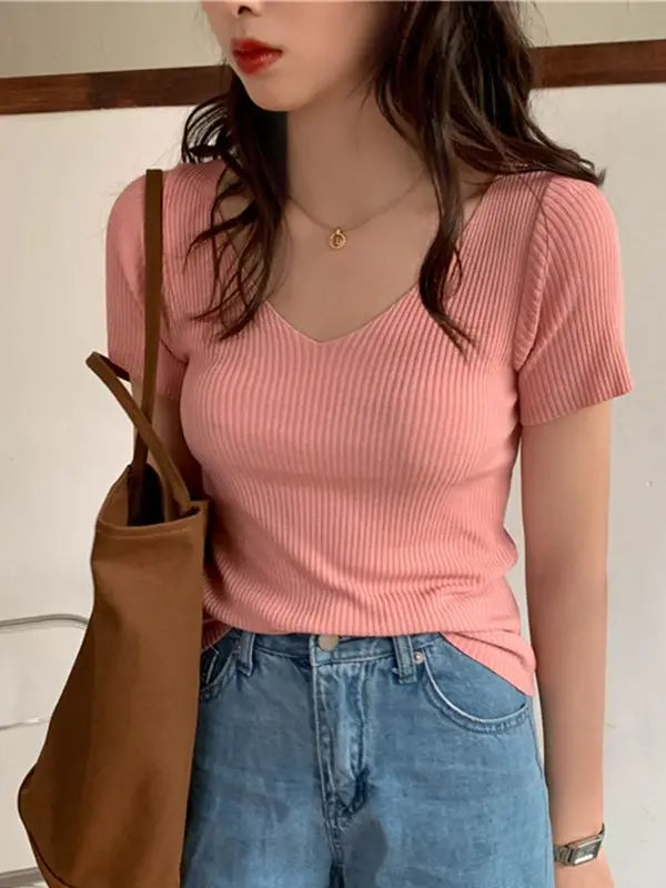 Basic V-neck Solid Thin Summer Ribbed Slim Short Sleeve Sweater