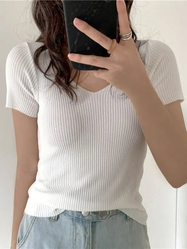 Basic V-neck Solid Thin Summer Ribbed Slim Short Sleeve Sweater