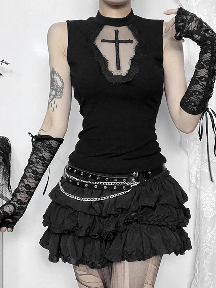 Grunge Crop See Alternative Dark Patchwork Gothic Top Through Mesh Cross