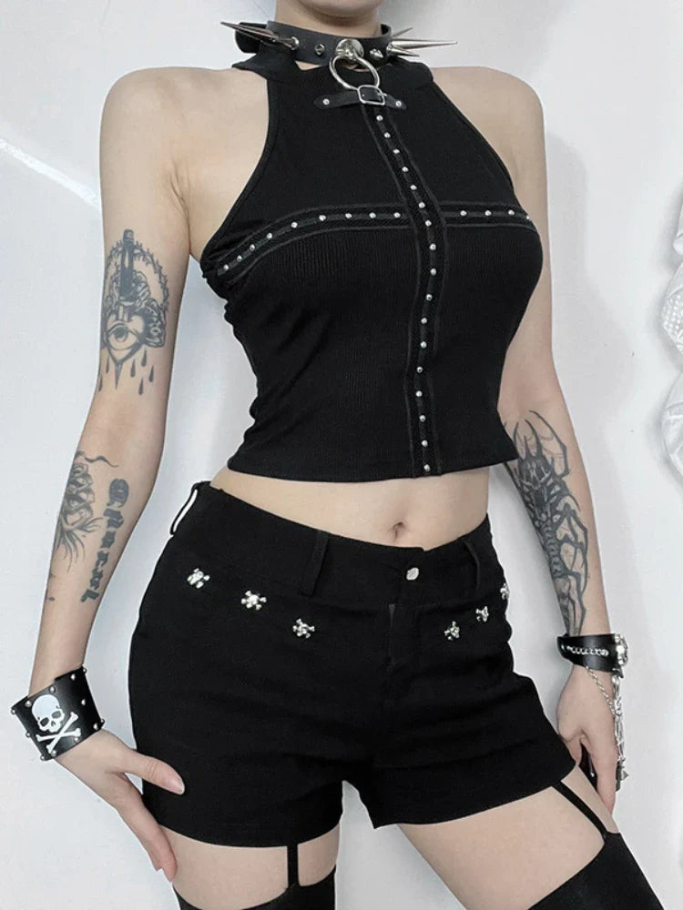 Top Black Patchwork Punk Gothic Cross Alt Cyber Crop Streetwear Dark Grunge