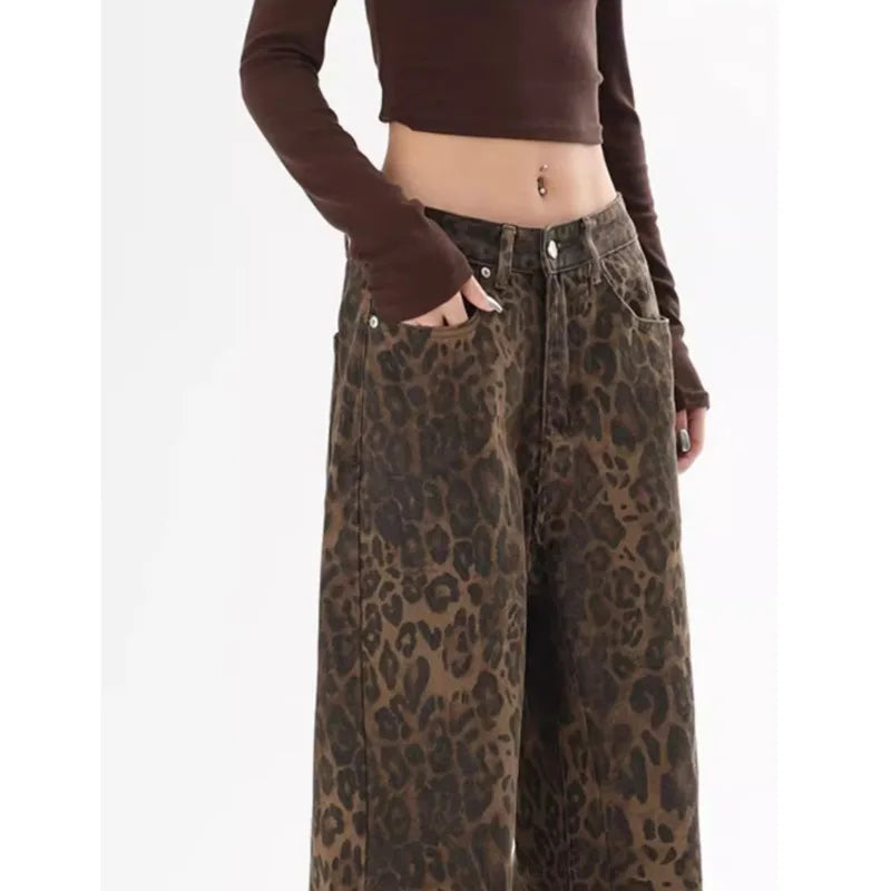 Amy Fashion - Trendy Autumnal American Retro Leopard Print Niche Design Casual Straight Wide-Leg Pants Jean