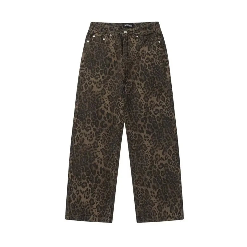 Amy Fashion - Trendy Autumnal American Retro Leopard Print Niche Design Casual Straight Wide-Leg Pants Jean