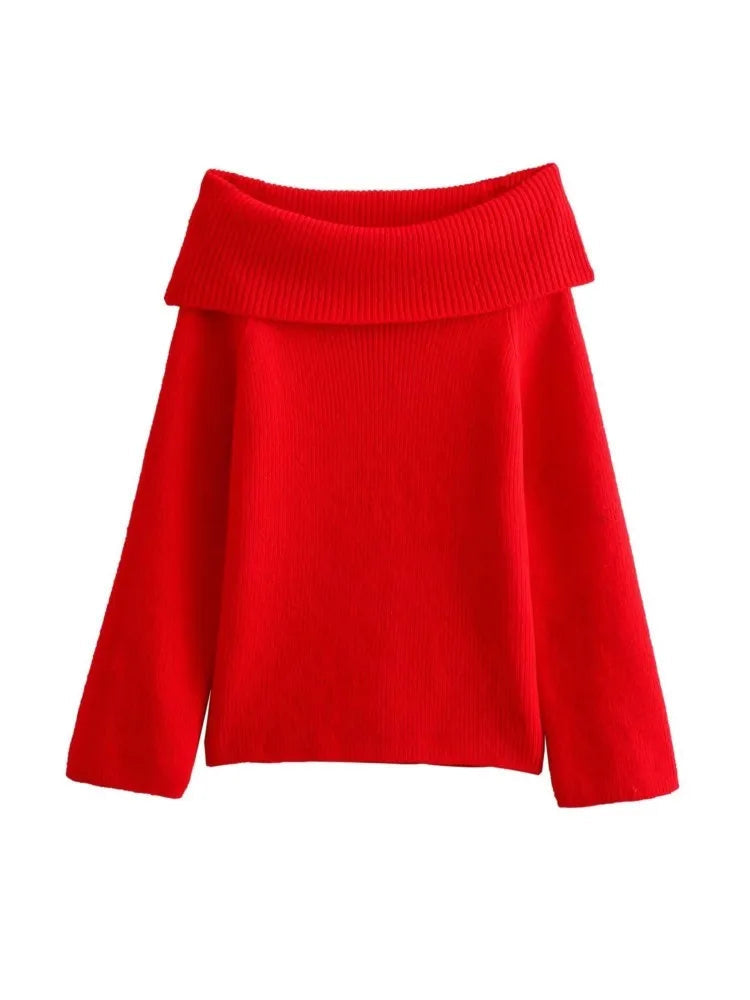 Red Off Shoulder Long Sleeve Slash Neck Knitted Christmas Sweater for Women