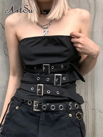 Punk Crop Top Gothic Black Design Bandage Eyelet Sleeveless