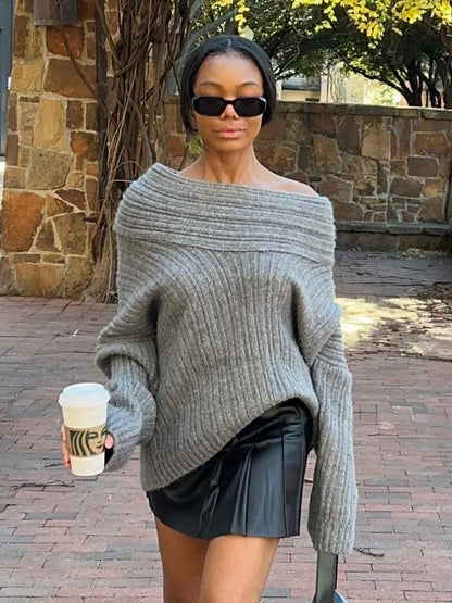 Oversized Sexy Slash Neck Knit Long Sleeve Irregular Casual Sweater